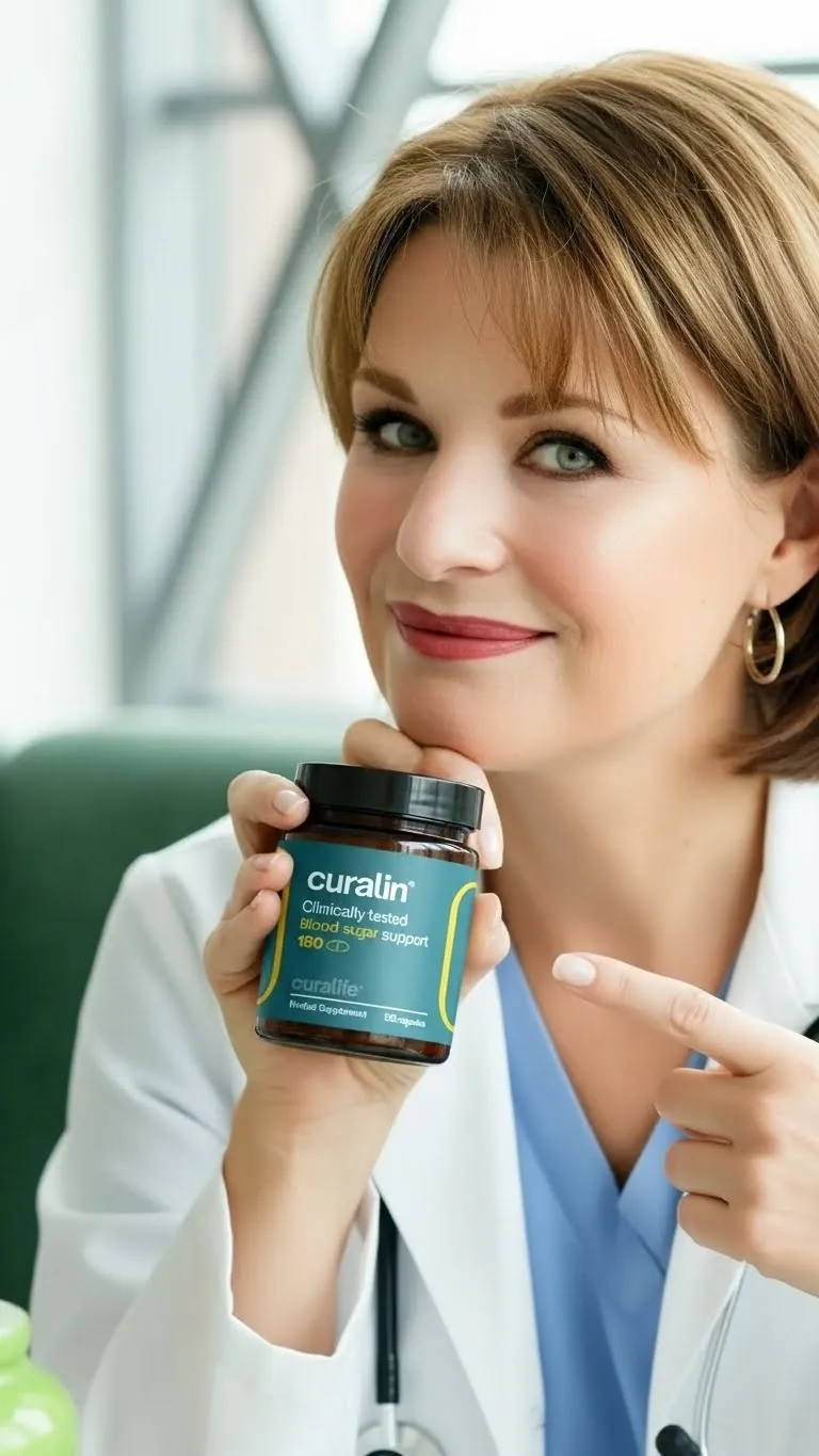 Doctor holding Curalin® blood sugar support bottle