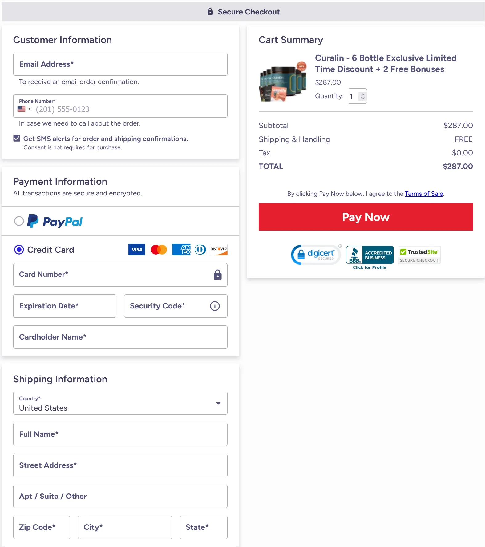Curalin secure checkout page showing 180-day money back guarantee and Trustpilot ratings.